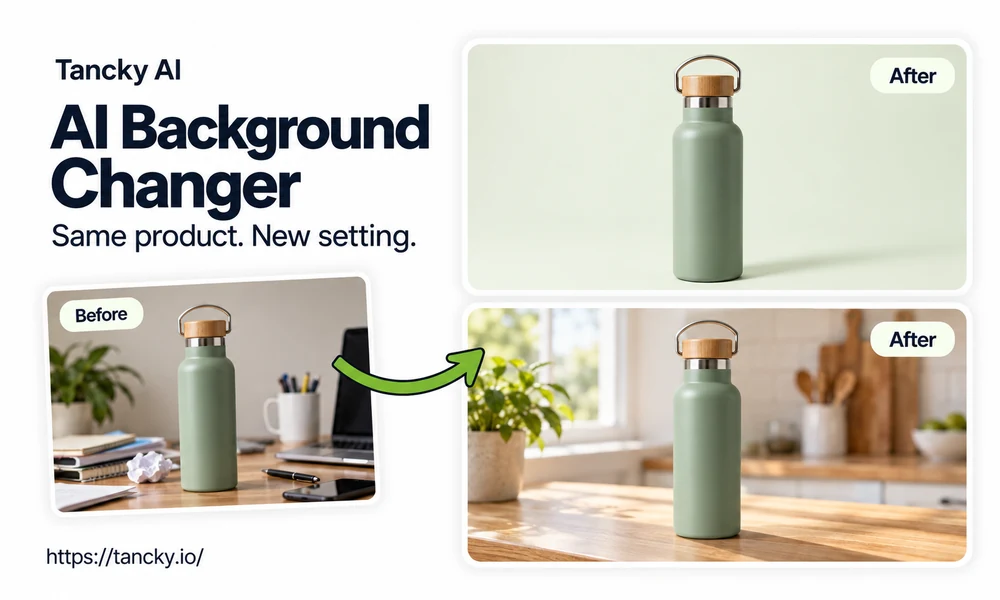 Before and after: a sage-green water bottle on a messy desk, a solid sage backdrop and a sunlit oak kitchen counter.