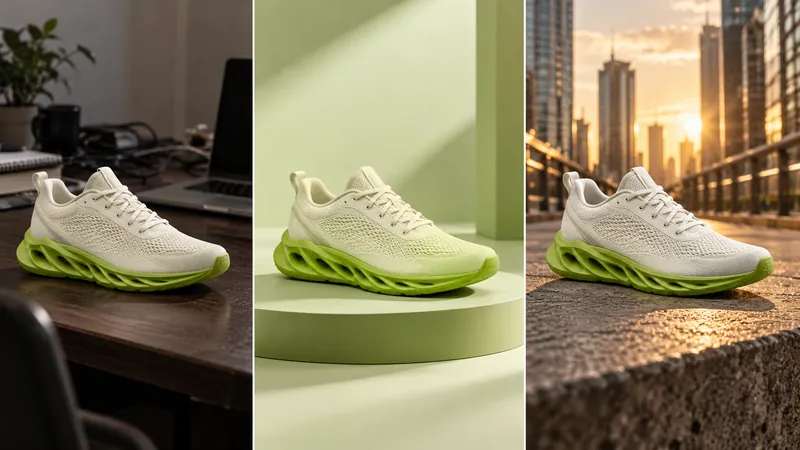 The same ivory sneaker with a lime-green sole on a cluttered desk, a sage studio podium and a sunlit city street.