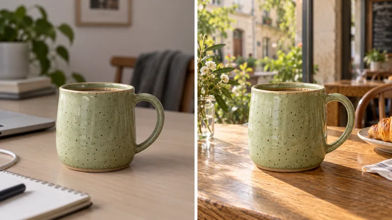 A ceramic mug moved from a plain desk to a café table by a window with warm light.