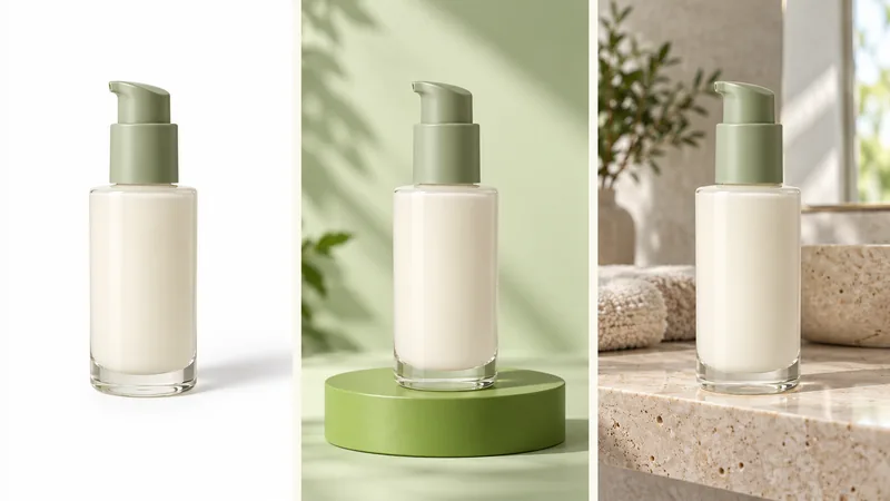 A skincare bottle shown three times: on white, on a pastel color and on a bathroom shelf.