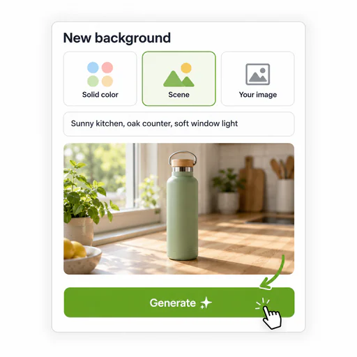 The three background options, solid color, scene description and uploaded background, with the scene option selected.