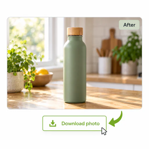 A finished water bottle photo on a sunlit kitchen counter with a Download photo button below it.