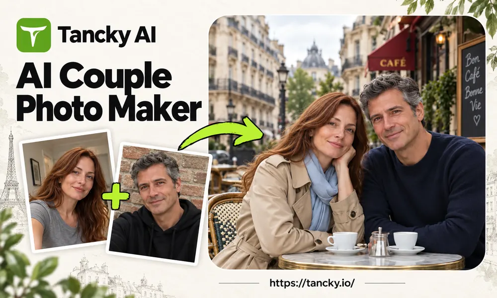 AI 情侣照片生成器示例：两张独立肖像合成为一张写实的巴黎咖啡馆场景。
