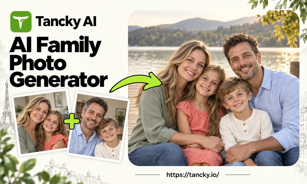 Visual comparison showing separate input photos blended by an AI family portrait generator into a cohesive group portrait.