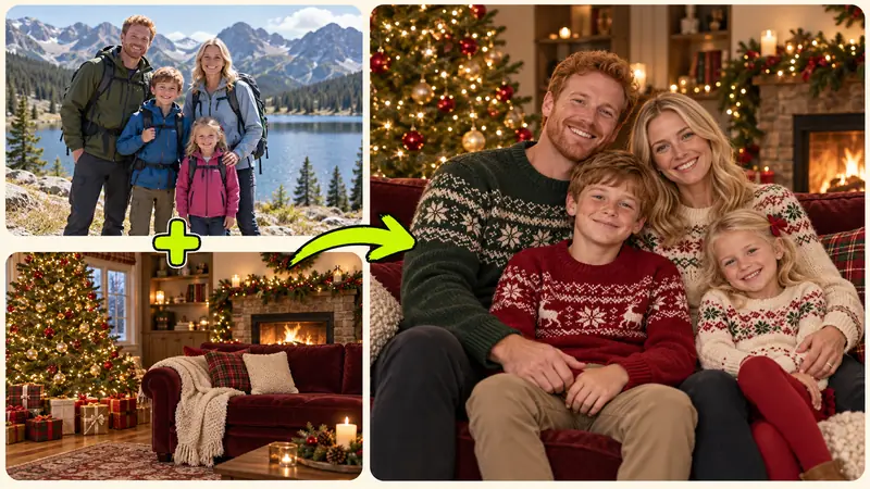 An AI Christmas family photo generated from individual snapshots showing a family in festive holiday sweaters beside a fireplace.