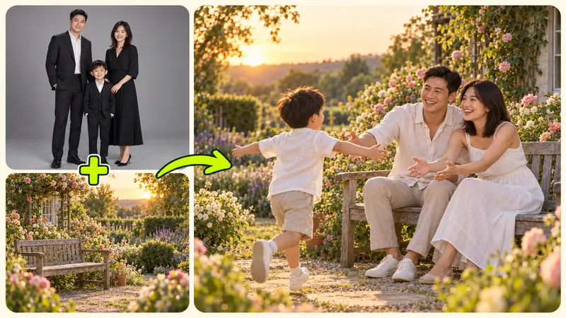 Transforming studio headshots and outdoor scenes into a harmonious family portrait.