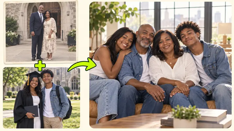 Individual photos of dispersed family members combined into a natural family portrait.