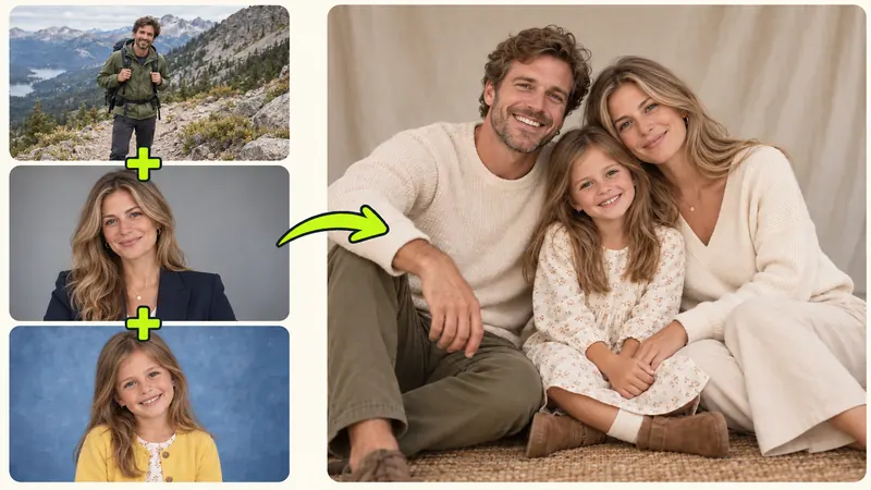 Three individual family snapshots transformed by an AI family photo maker into an elegant studio family portrait.