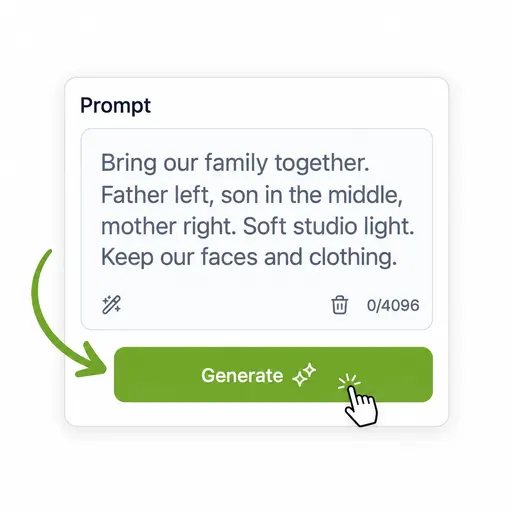 Detailed prompt describing family member positions, background atmosphere, and lighting.