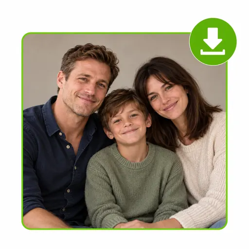 Final preview of a completed AI family portrait with inspection details and download options.