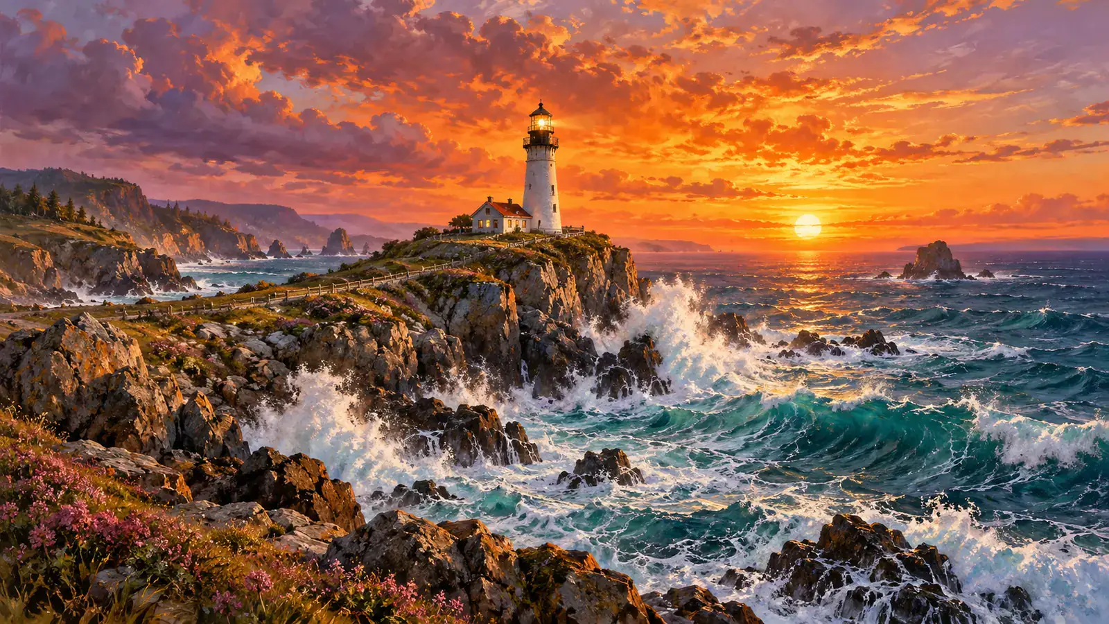 A wide painting of the same lighthouse with orange sunset clouds, rugged coastline, and crashing waves.