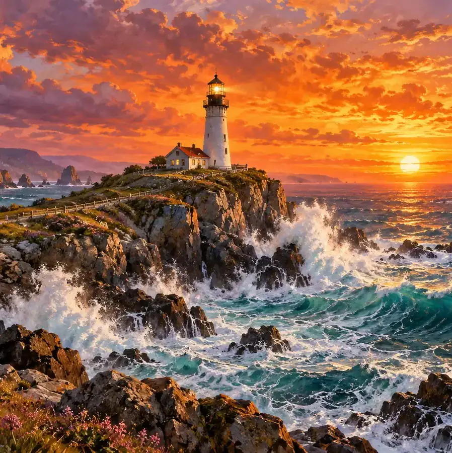 A square view of a lighthouse on a rocky cliff at sunset.