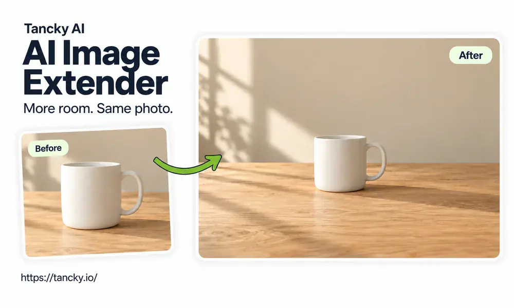 A white ceramic mug shown in square and wide compositions, linked by a green arrow beneath the Tancky AI Image Extender title.