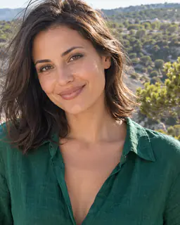 A close portrait of a brunette woman in a green linen shirt