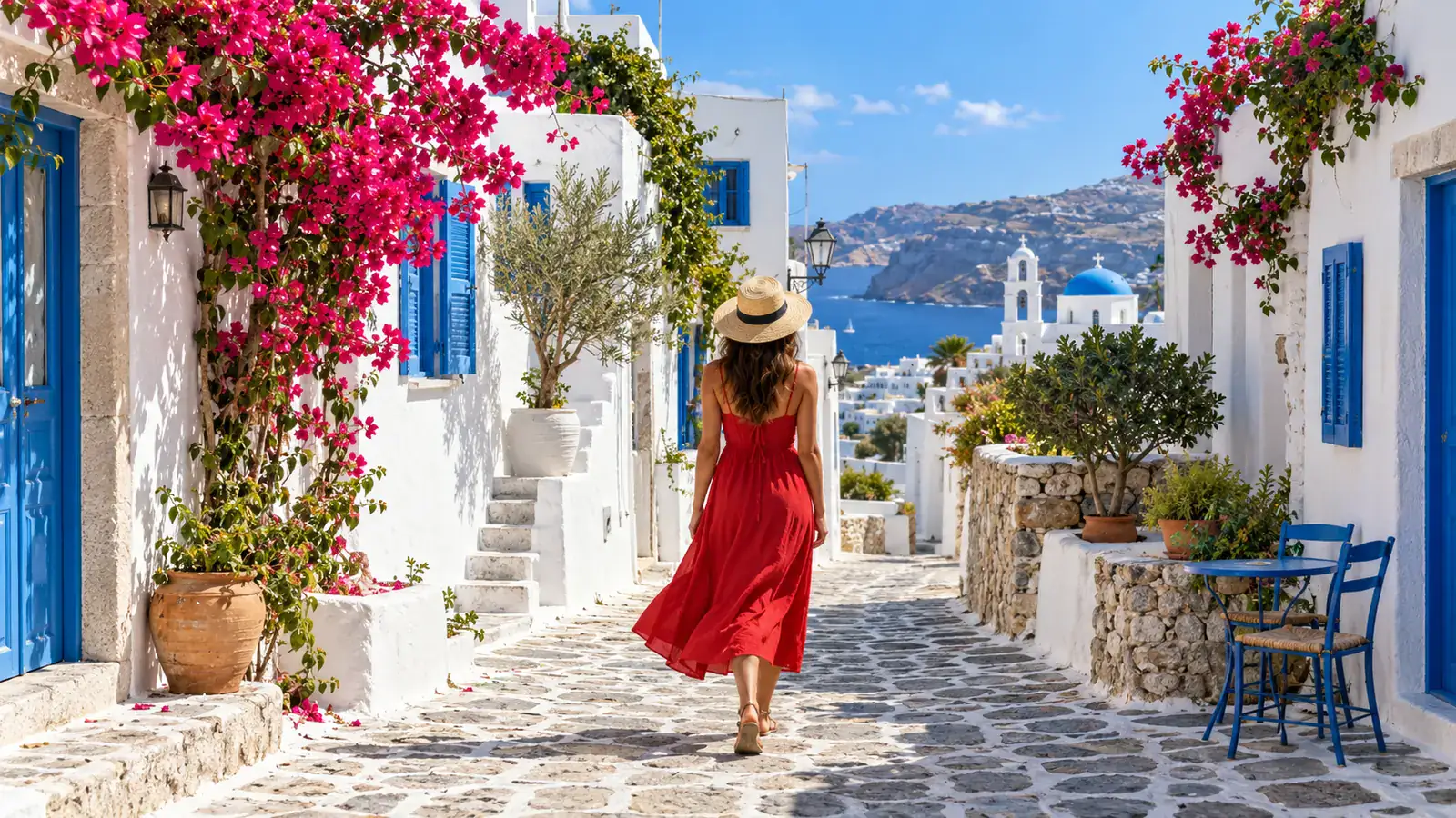 A wide view of the same cobblestone street with white houses, blue shutters, flowers, and the sea.