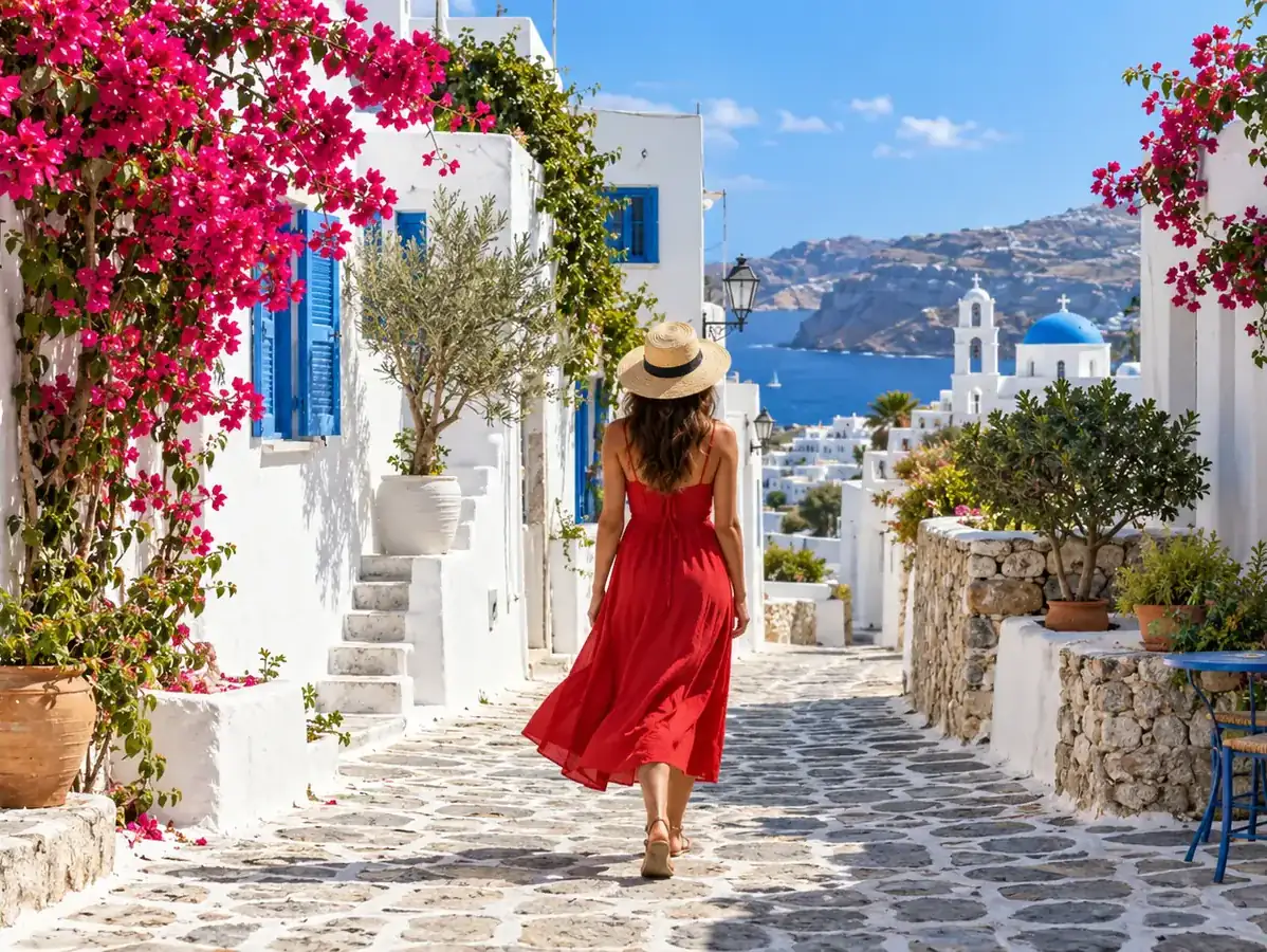 A close view of a woman in a red dress walking through a Mediterranean village.