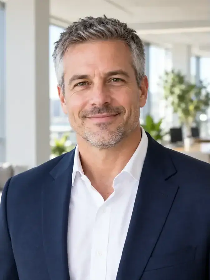 A narrow portrait of a gray-haired man in a navy blazer.
