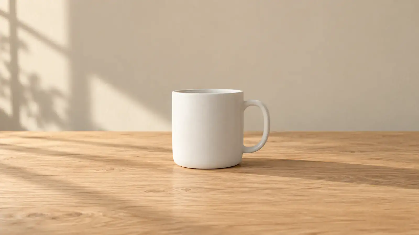 A wide view of the same mug with sunlit oak tabletop and a warm beige wall on both sides.