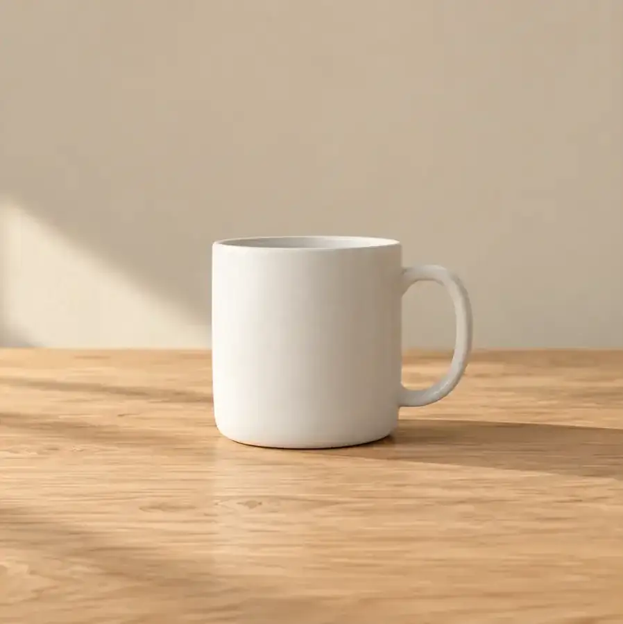 A square view of a matte white ceramic mug on a light oak table.