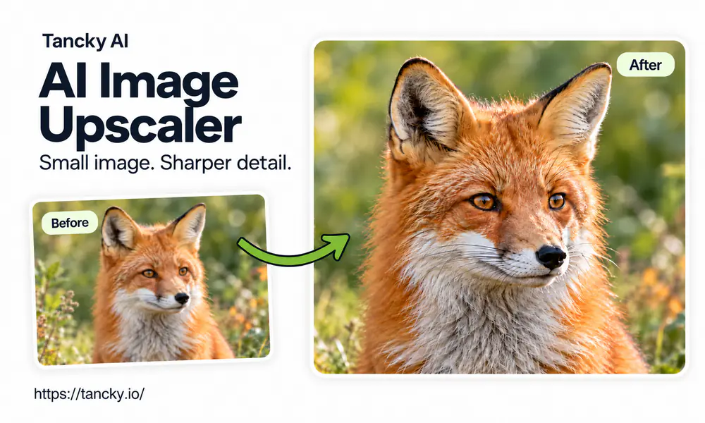 A soft, low-resolution image beside the same image after the AI image upscaler restored edges and texture.