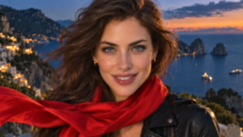 Soft, blurry portrait of a woman in a red silk scarf on a coastline at sunset.