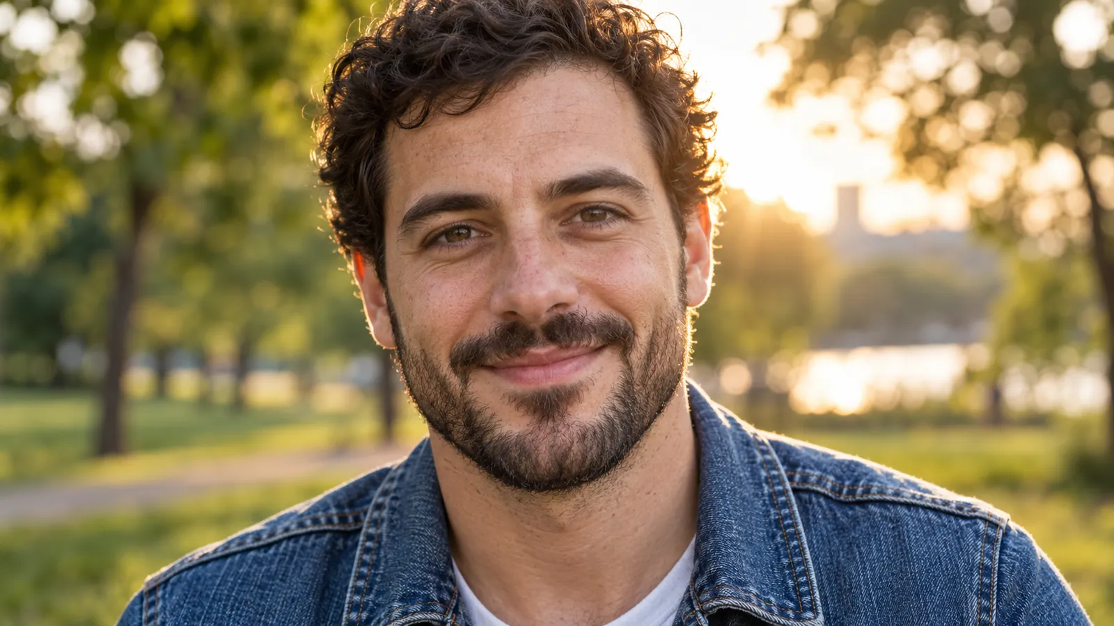 The same portrait in sharp focus, with clear eyes, beard hairs, and denim texture.