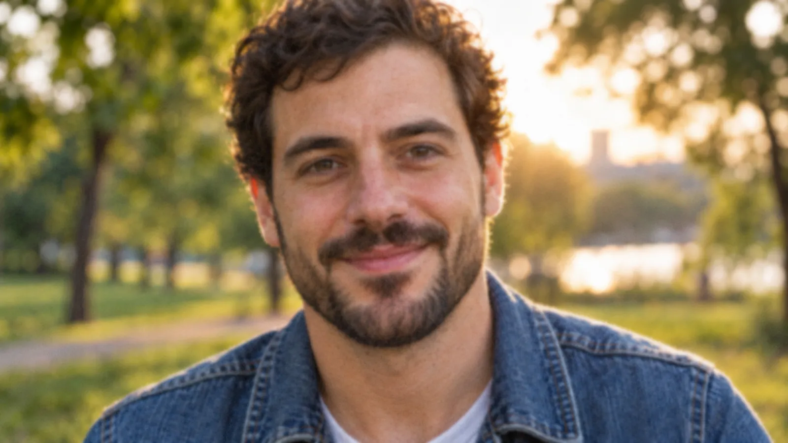 Out-of-focus portrait of a smiling bearded man in a denim jacket.