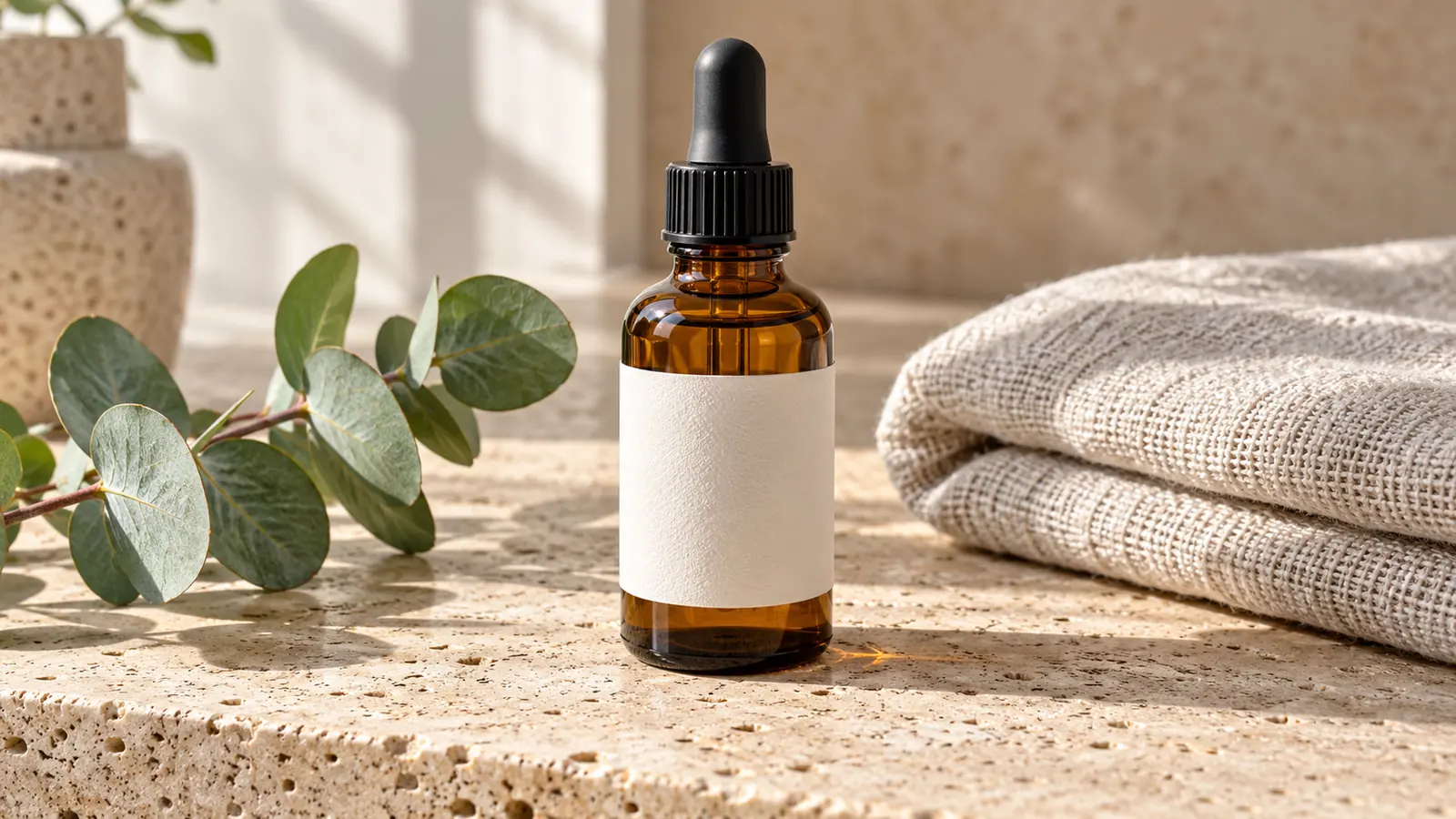 The same dropper bottle with clean edges and visible glass, linen, and stone textures.