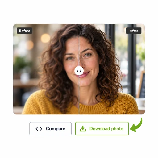A portrait comparison slider with the Download photo button.