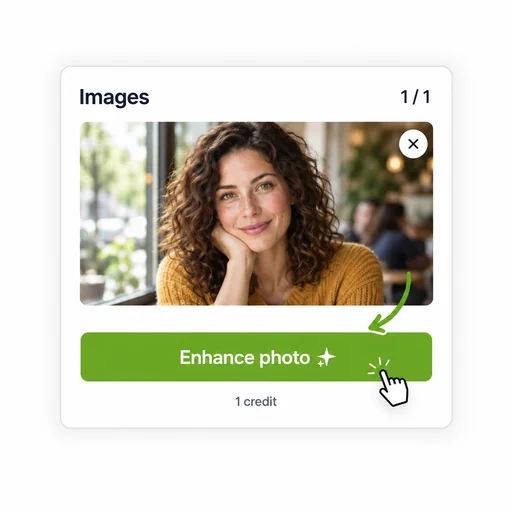 The Enhance photo button below an uploaded portrait.