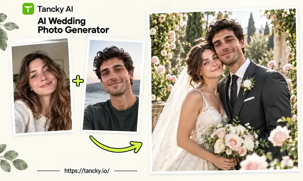 AI 婚纱照生成器示例:两张独立自拍合成一张逼真的婚纱照。