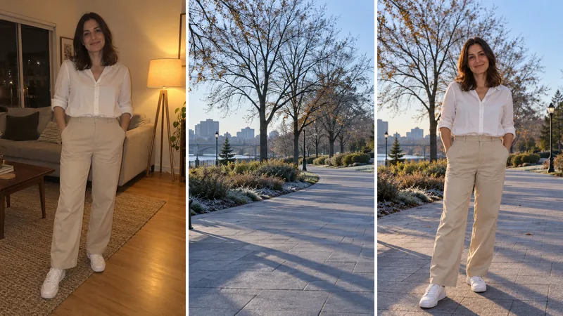 An indoor portrait and a morning park photo blended by AI into one image, with the woman standing on the park path in matching light and a natural ground shadow