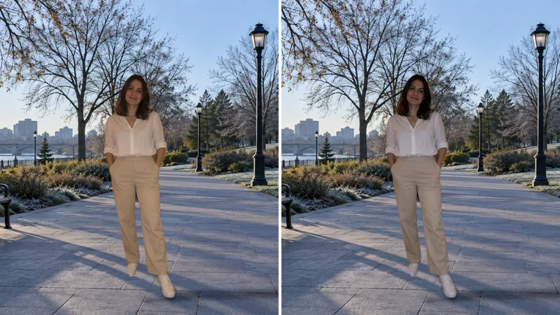 The same blended photo before and after color matching: on the left the woman looks yellow against a cool morning park, on the right her tones match the scene