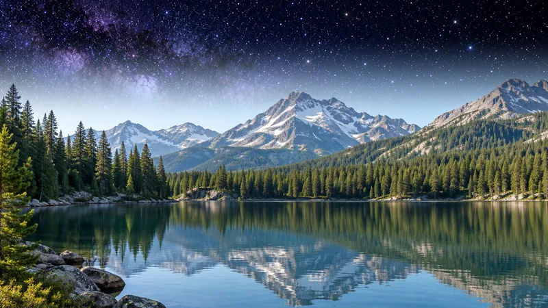 A starry night sky photo fading into a daytime mountain lake photo through a gradient mask placed across the sky