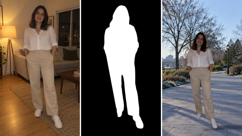 Three panels: the original indoor photo of a woman, her black and white layer mask, and the masked result placed in a park scene