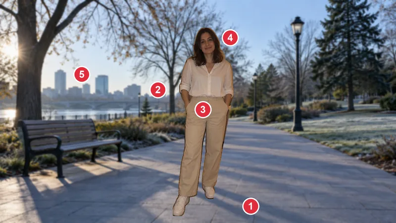 A badly blended photo of a woman pasted into a park scene, with five numbered markers on the problem areas: scale, light direction, color tone, hard edges, and mismatched sharpness