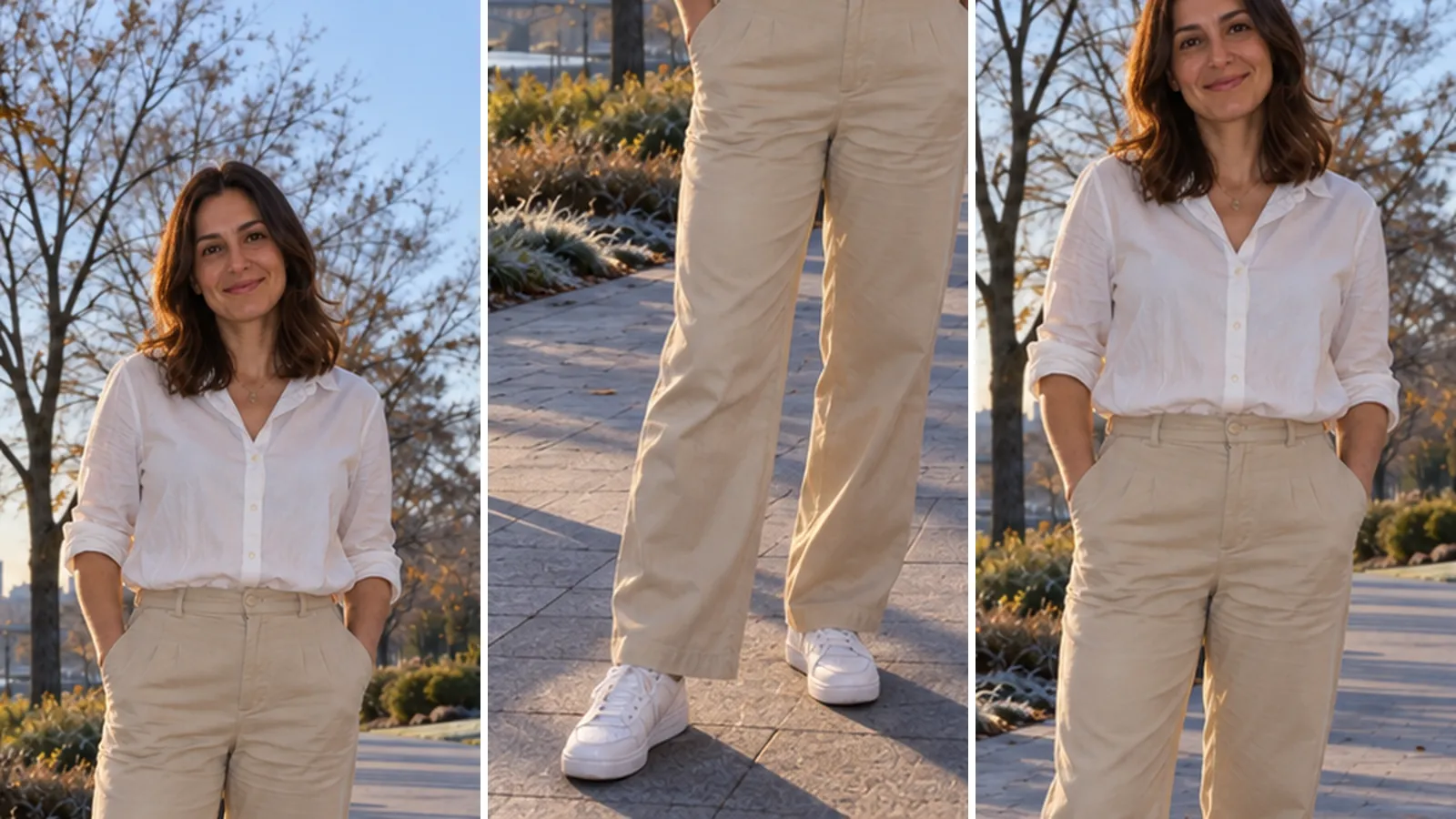 Three close-up crops of the AI blended photo: hair against bare trees, shoes and their shadow on the path, and a white shirt in warm morning light