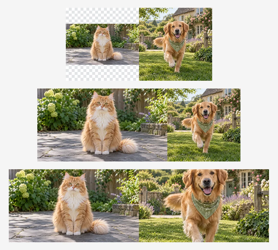 猫与狗的照片以三种不同对齐方式进行左右拼接的对比效果图