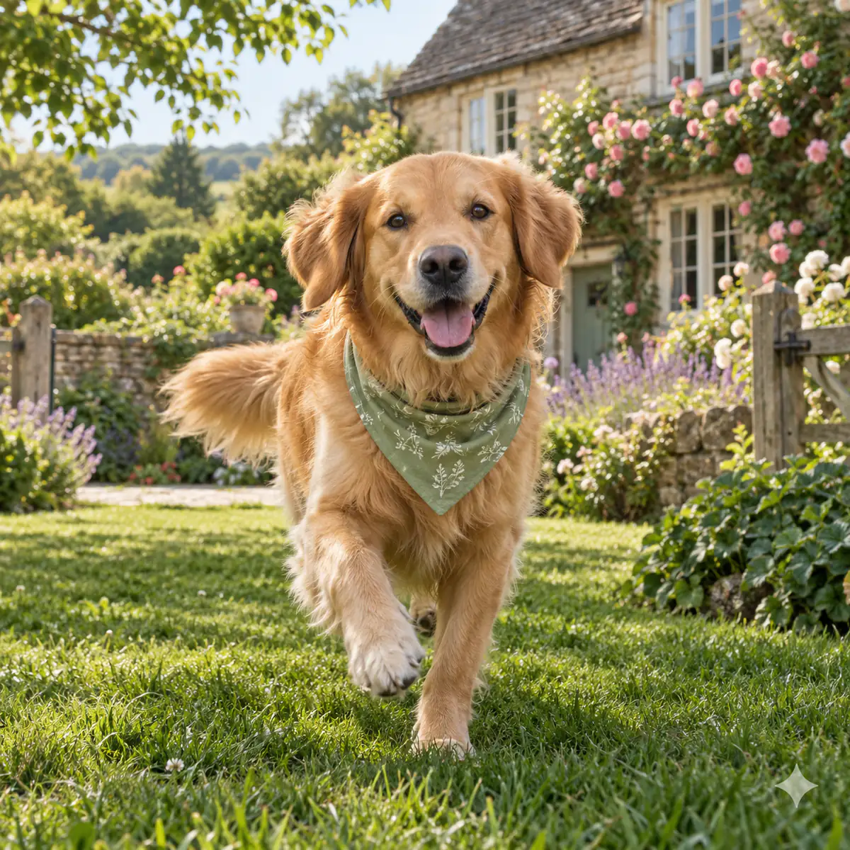 Golden retriever running across lawn with the white Gemini sparkle in the bottom-right corner