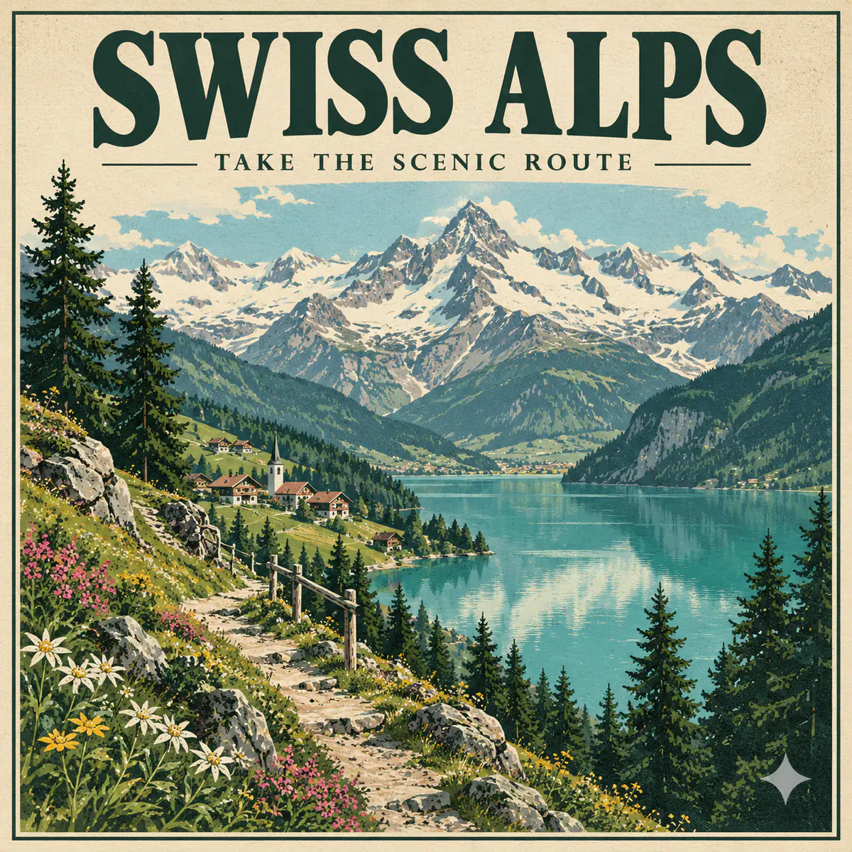 Alpine lakeside travel poster with the Gemini sparkle watermark in the bottom-right corner