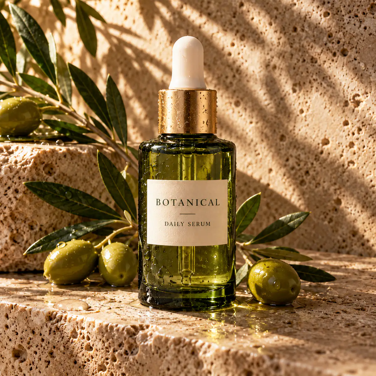 Skincare product shot with clean corner, preserving stone pores and water droplets