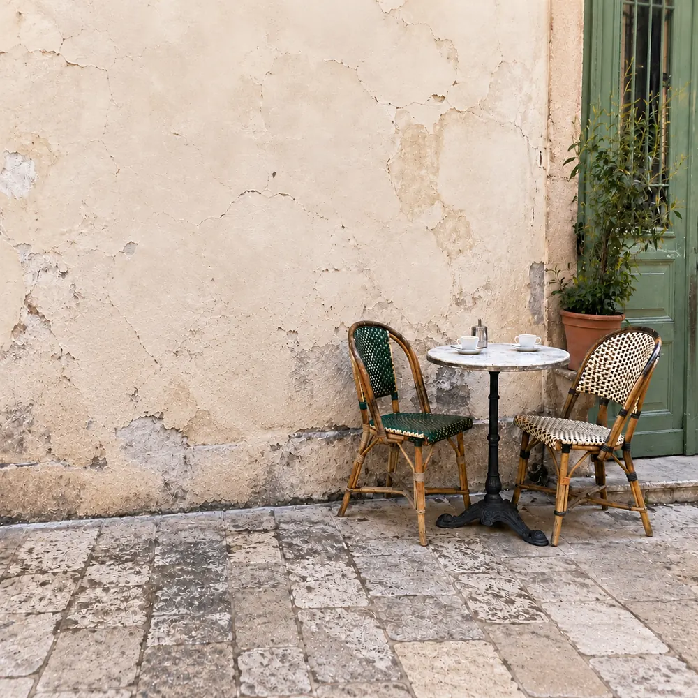 Polished cafe terrace scene after clutter removal, revealing consistent stone paving and clean architecture.