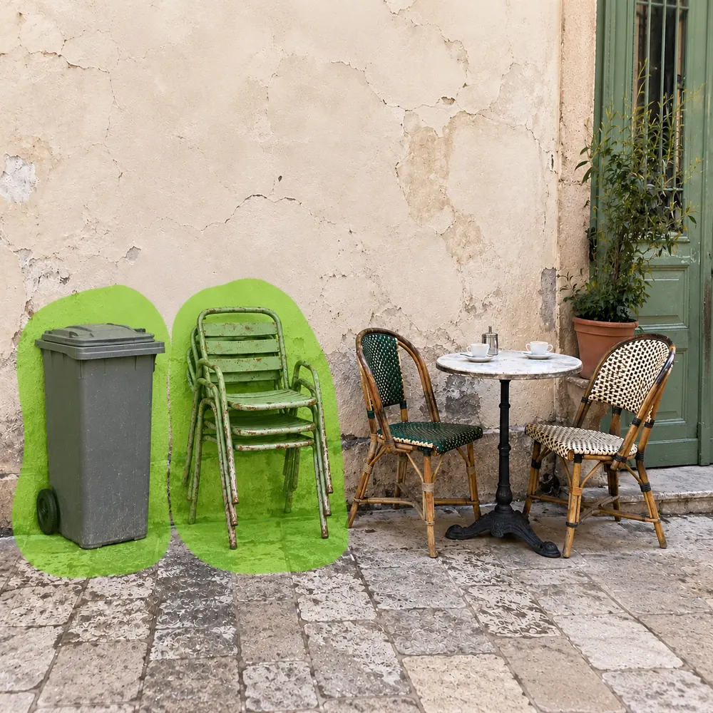 Outdoor cafe terrace scene marred by an unsightly trash receptacle and stacked plastic chairs.