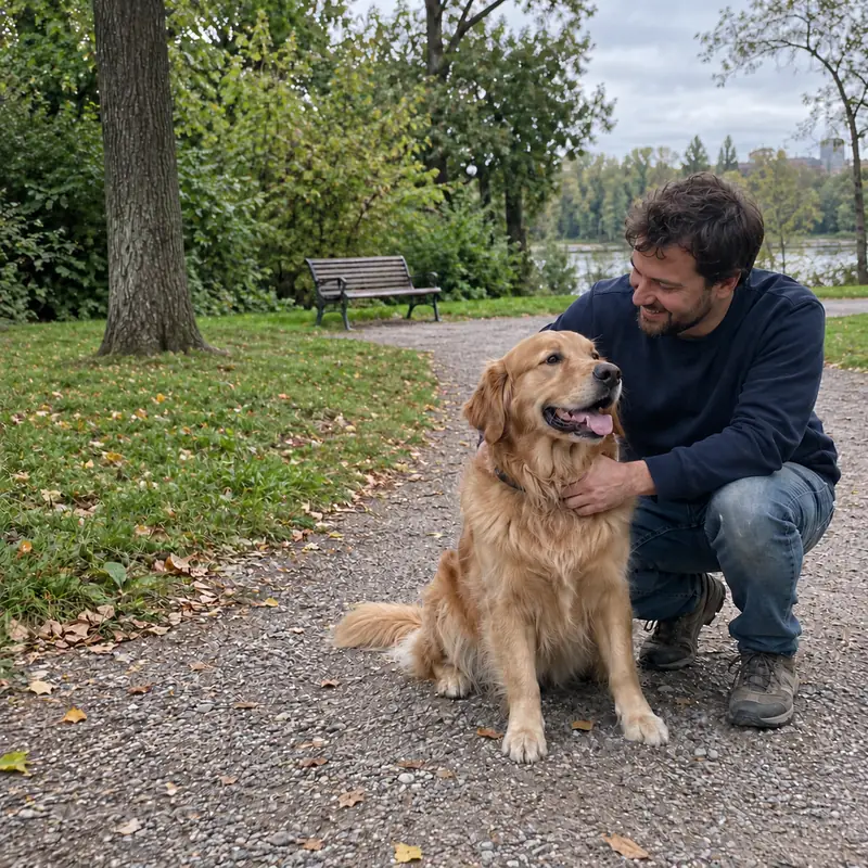 Cleaned photograph showing the man and dog perfectly intact, with the trash bin and text completely erased and lush lawn seamlessly restored.