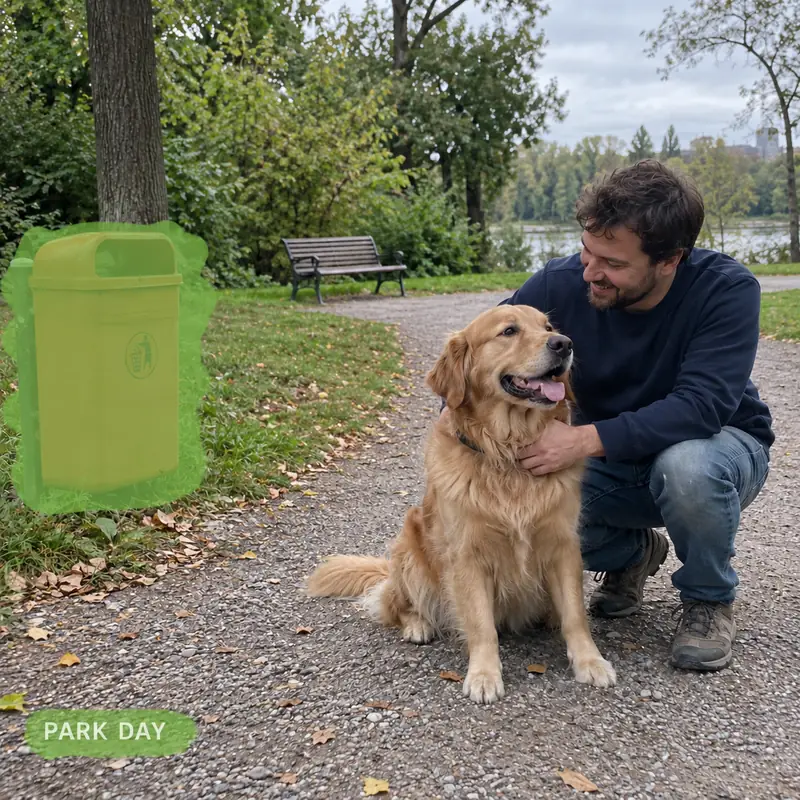 Original park photograph of a man and his dog with highlighted green brush strokes over a distracting trash bin and stray background text.