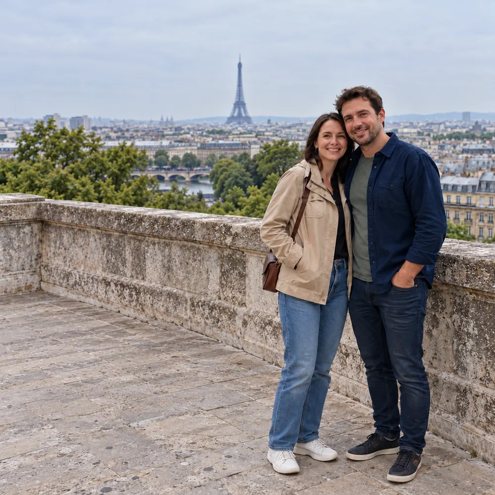 Clean scenic portrait with the background tourists erased and pristine city skyline seamlessly reconstructed.