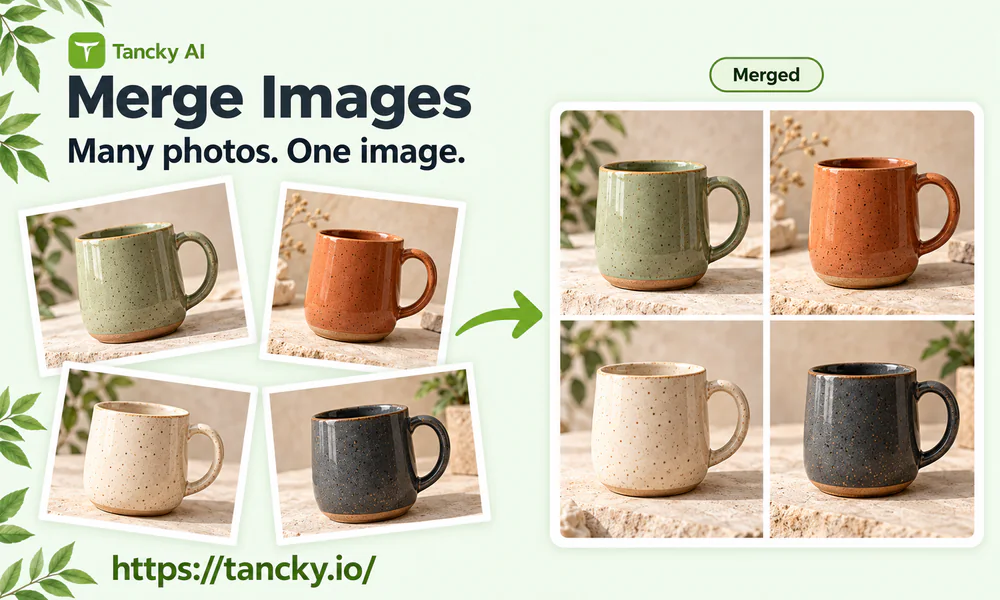 Four separate photos and the single merged image made from them