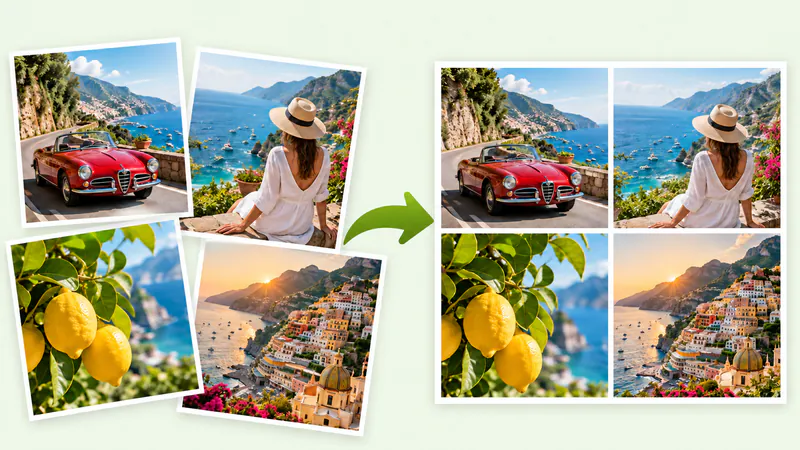 Separate photos on the left and the same photos merged into one tidy image on the right