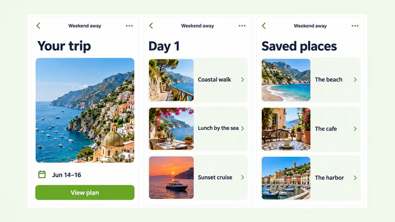 Three phone screenshots joined side by side with thin gaps