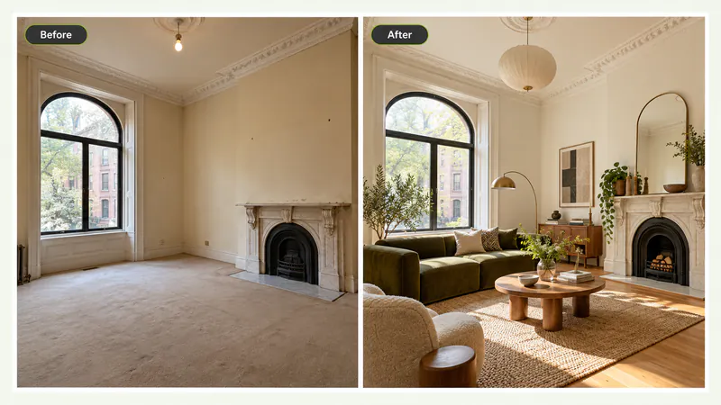 A before and after photo of a living room placed side by side
